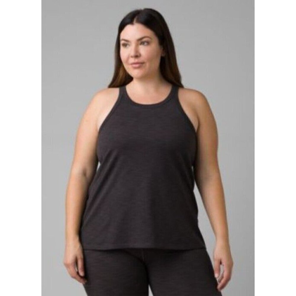 PrAna Women's Becksa Athletic Tank Top, 1X, Black Heather. Shelf bra w/cup